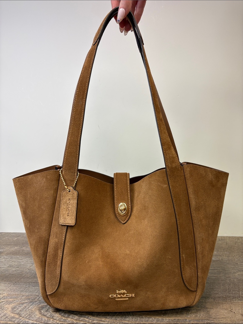 Coach Reversible City Tote Suede Leather Brown Shoulder Bag Turnlock Charm